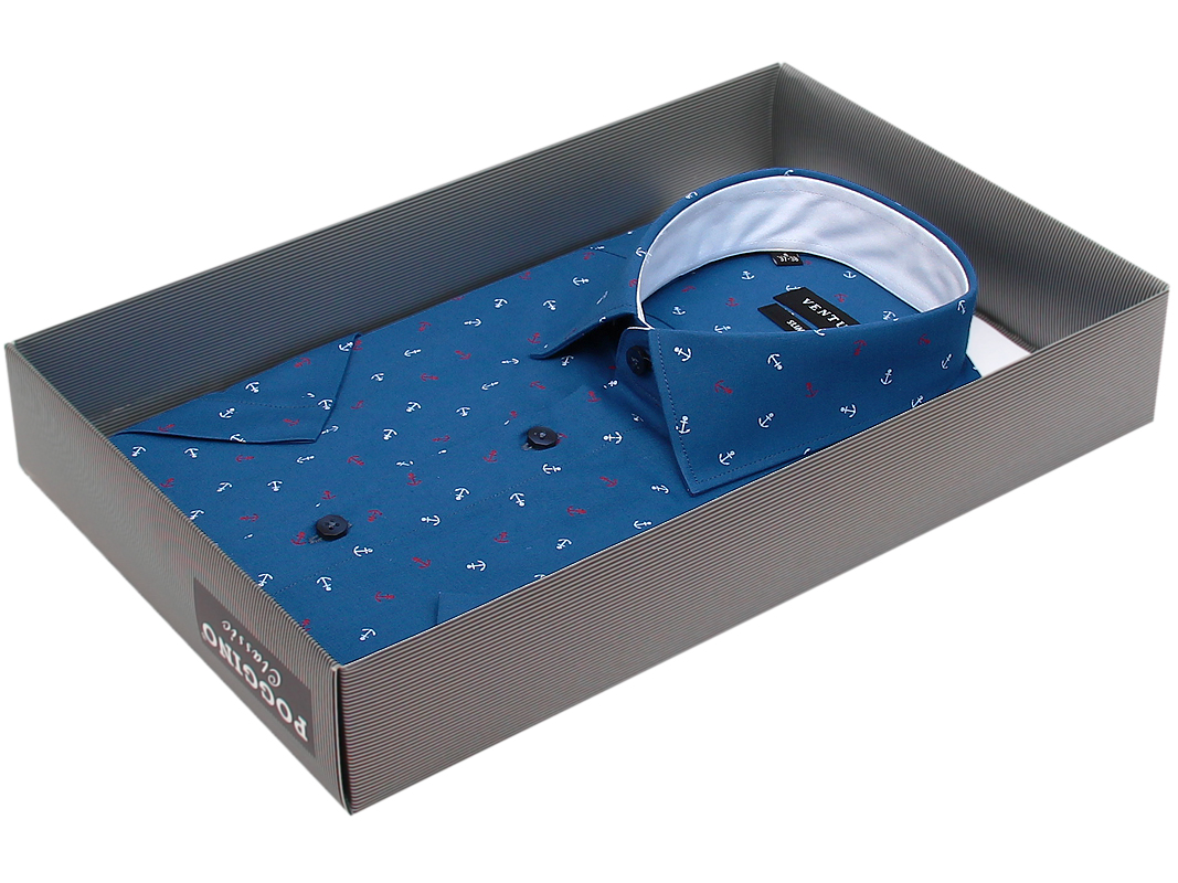 Мужская рубашка Venturo приталенная цвет синий в якорях купить в Москве недорого