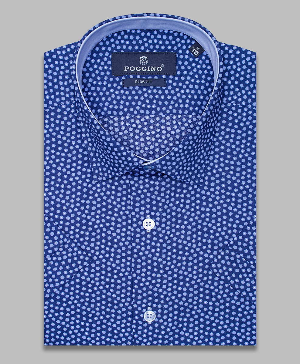 Темно-синяя приталенная мужская рубашка Poggino 7001-37 в цветочек с коротким рукавом
