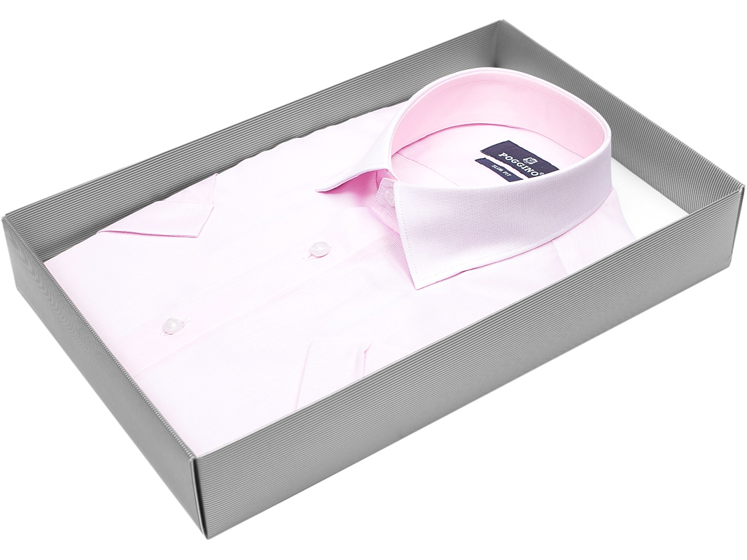 Розовая приталенная мужская рубашка Poggino 7001-24 с коротким рукавом