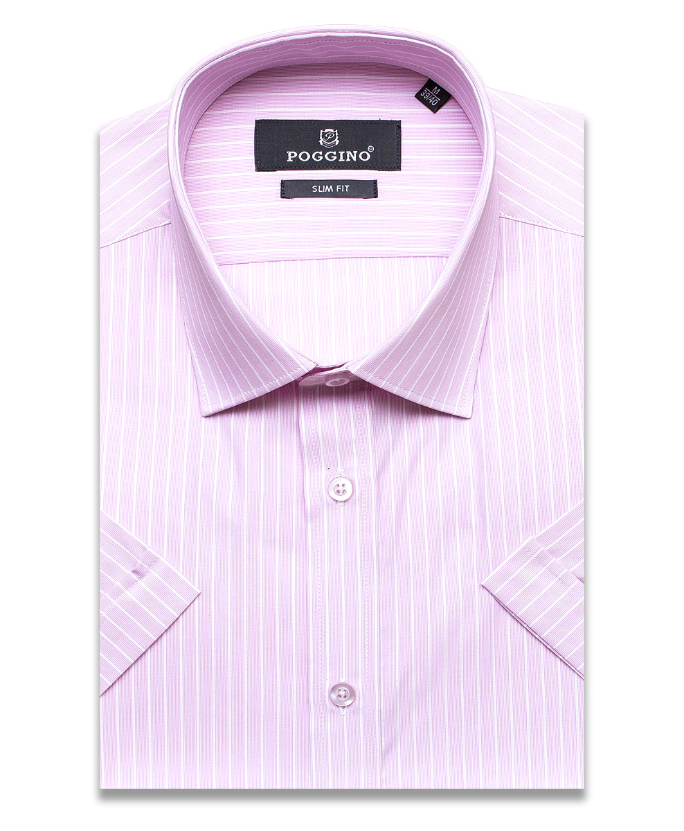 Розовая приталенная мужская рубашка Poggino 7001-34 в полоску с коротким рукавом