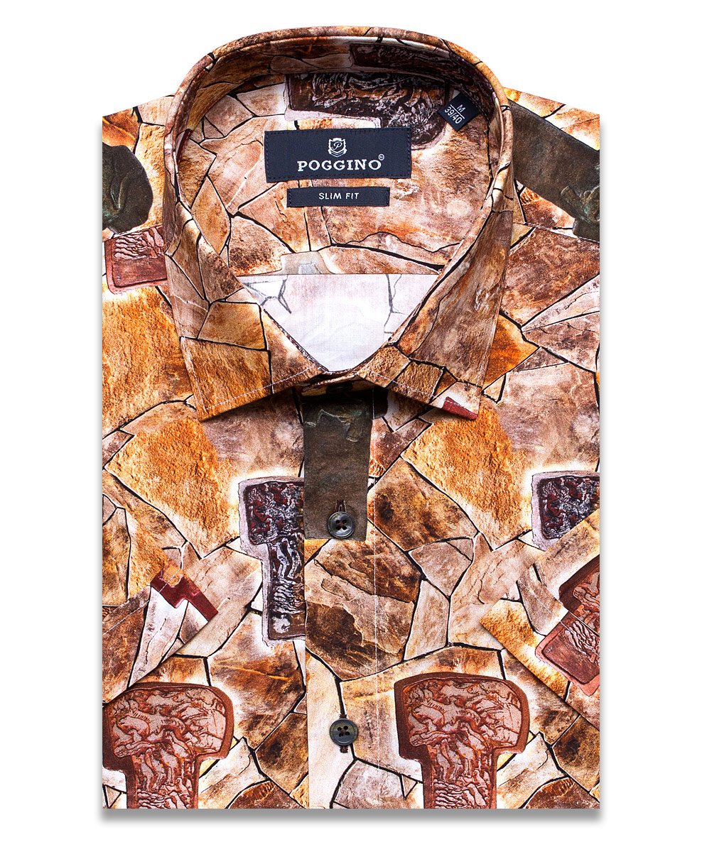 Коричневая приталенная мужская рубашка Poggino 7002-45 в абстракции с коротким рукавом