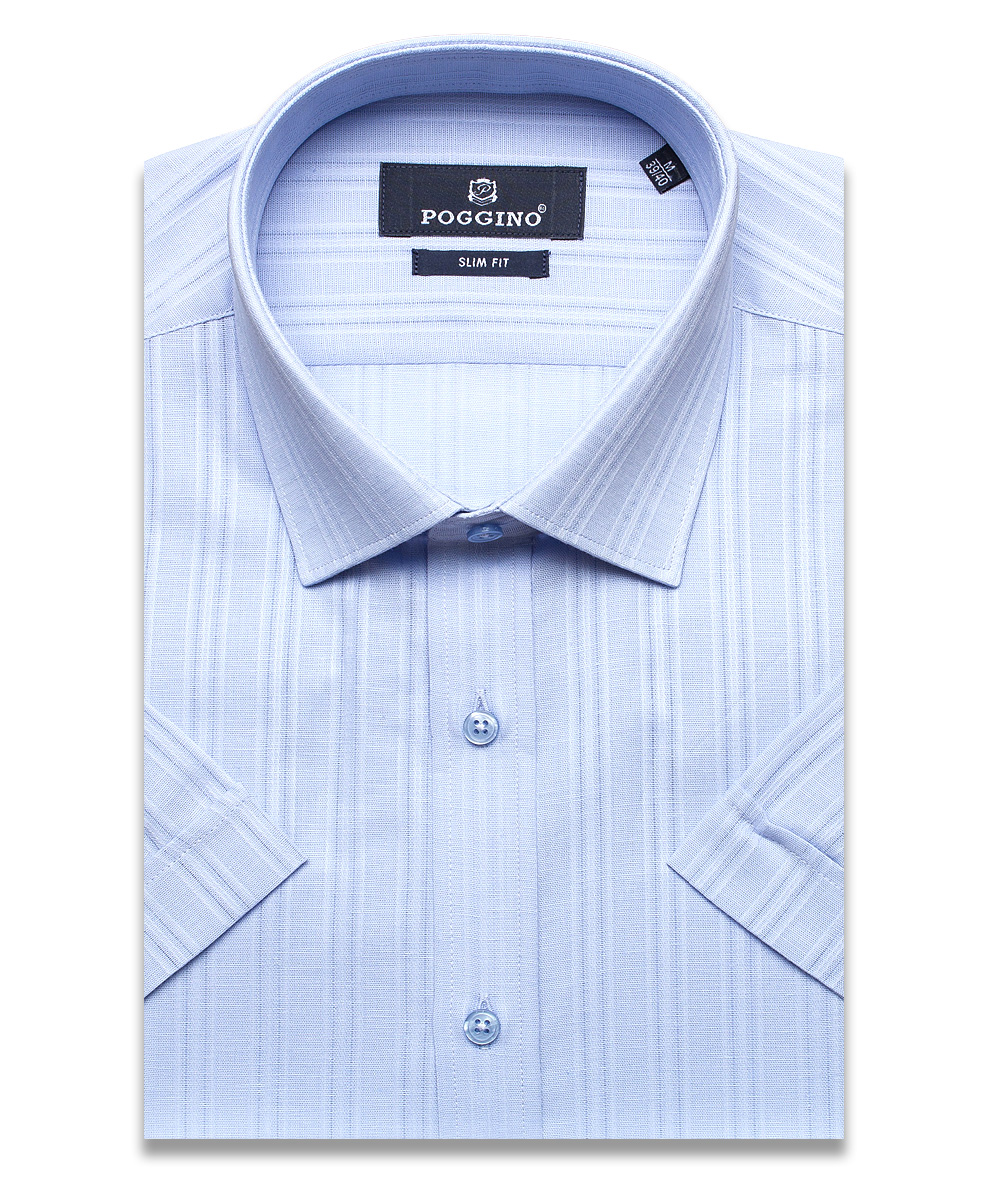Голубая приталенная мужская рубашка Poggino 7001-23 в полоску с коротким рукавом