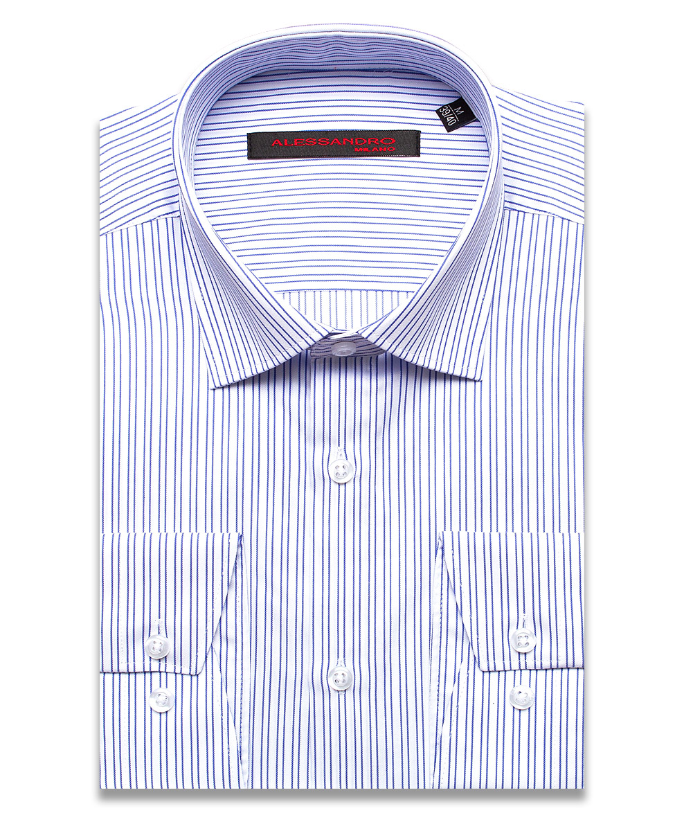 Бело-синяя приталенная мужская рубашка Alessandro Milano Limited Edition 2075-32 в полоску с длинными рукавами