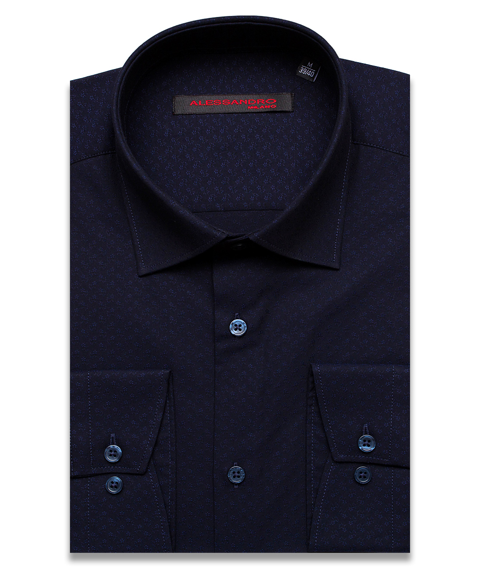 Темно-синяя приталенная мужская рубашка Alessandro Milano Limited Edition 2075-34 в цветочек с длинными рукавами