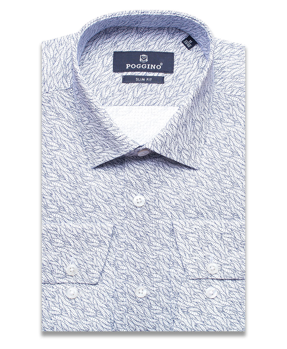 Синяя приталенная мужская рубашка Poggino 7011-32 в узорах с длинным рукавом