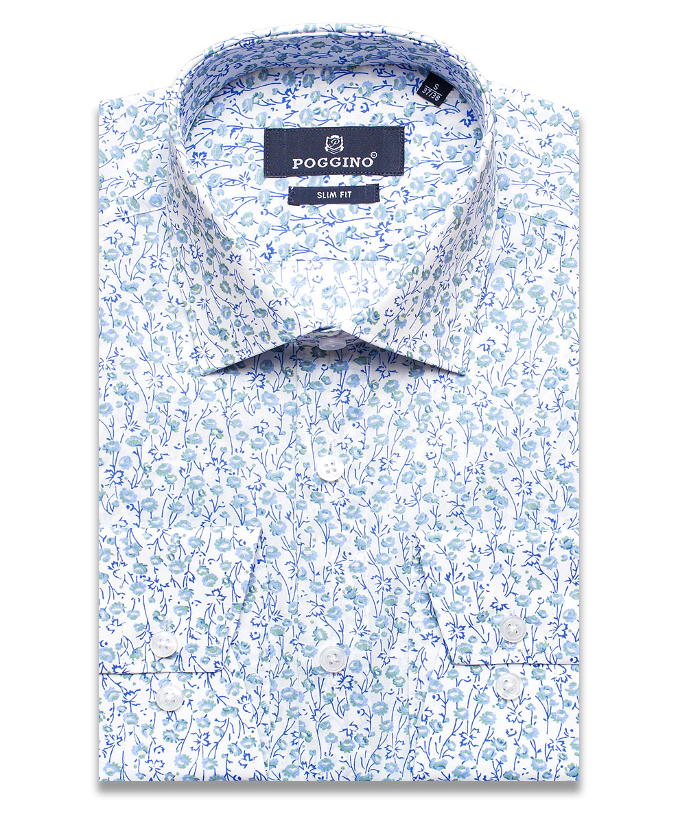 Голубая приталенная мужская рубашка Poggino 7011-80 в цветах с длинными рукавами
