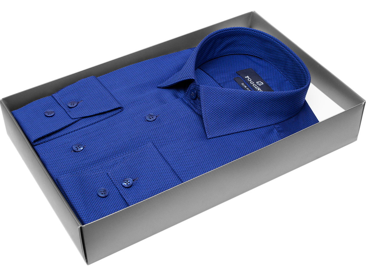 Синяя приталенная мужская рубашка Poggino 5010-20 в узорах с длинным рукавом купить в Москве недорого