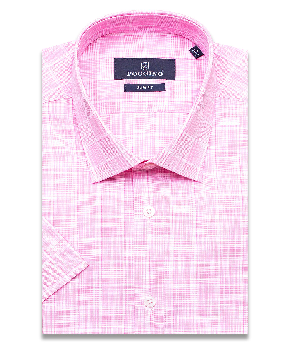 Розовая приталенная мужская рубашка Poggino 7003-09 в клетку с коротким рукавом