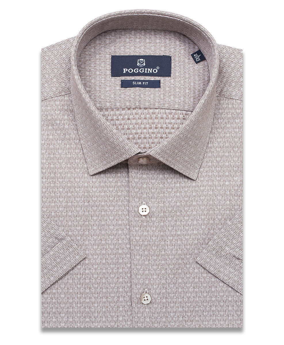 Светлая серо-коричневая приталенная мужская рубашка меланж Poggino 7003-57 с коротким рукавом