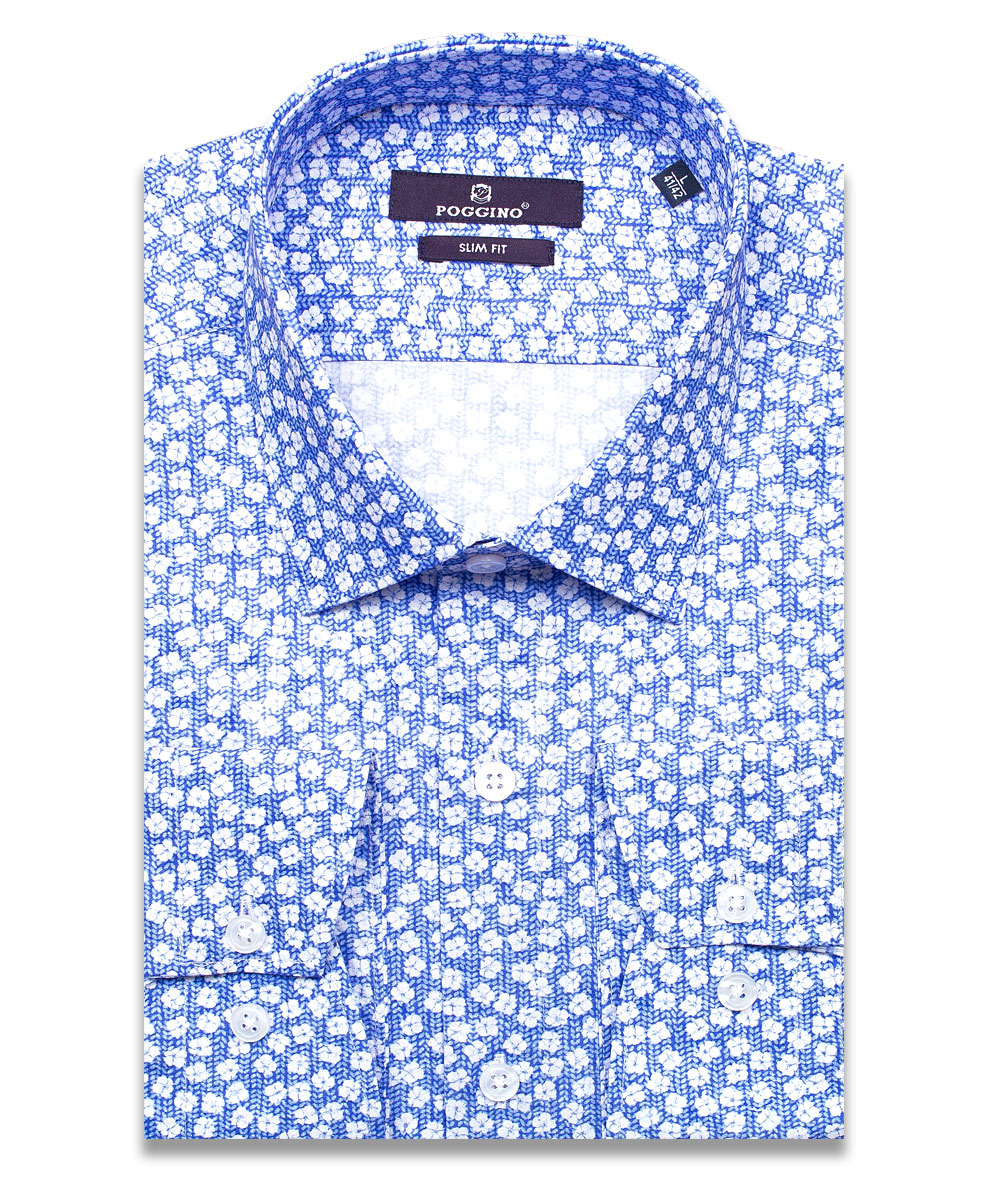 Синяя приталенная мужская рубашка Poggino 7013-108 в цветочек с длинными рукавами