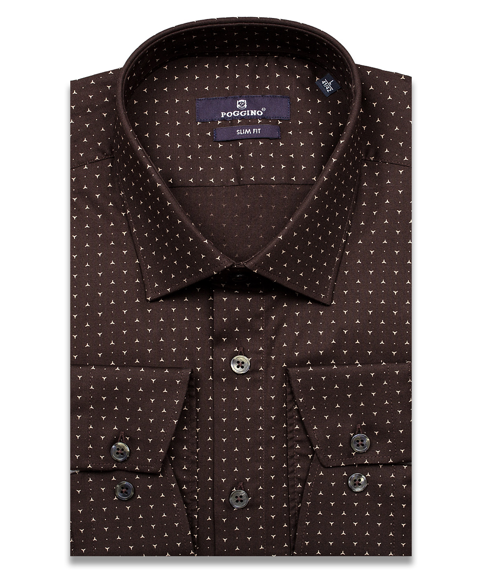 Коричневая приталенная мужская рубашка Poggino 7013-16 в узорах с длинными рукавами