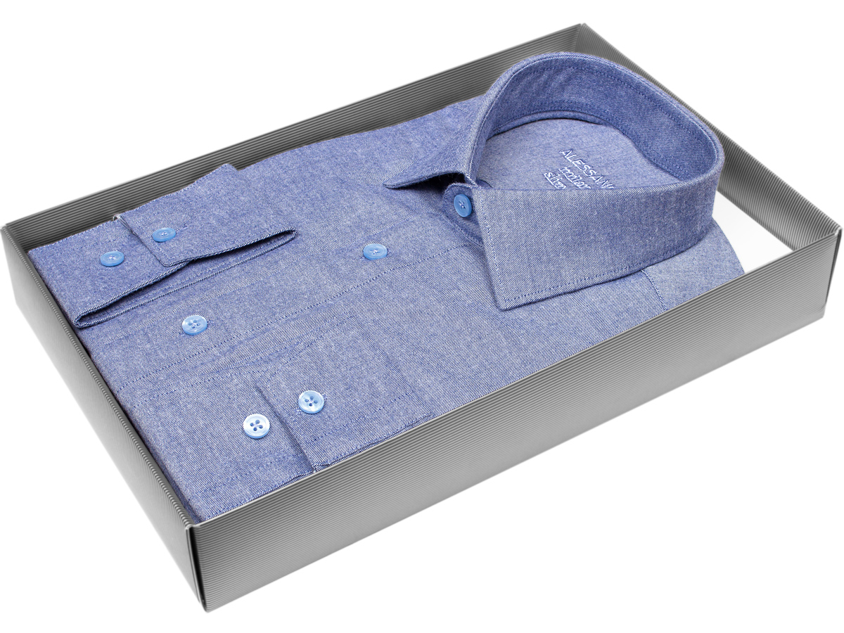 Теплая мужская рубашка Alessandro Milano Limited Edition 3210-06S рукав длинный силуэт приталенный стиль casual цвет синий меланж 100% хлопок