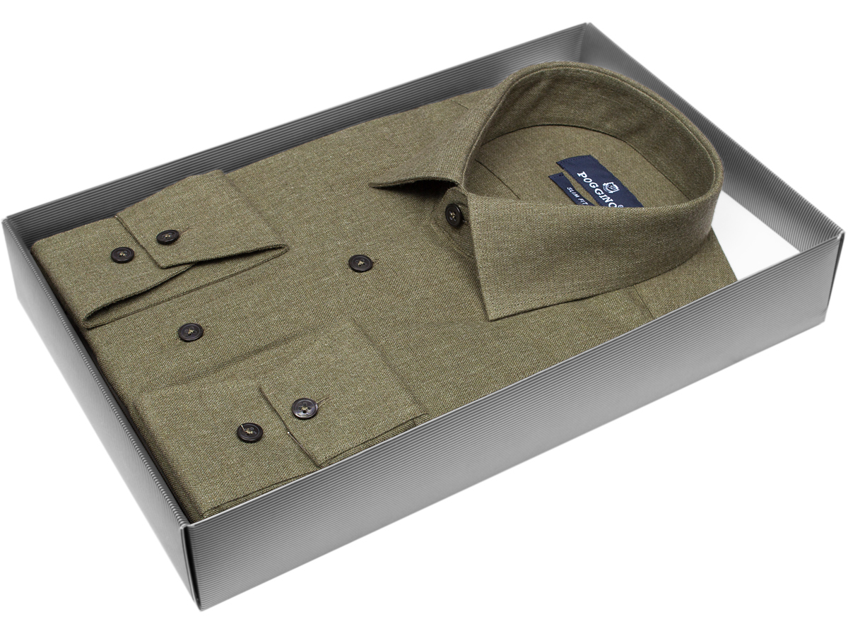 Теплая мужская рубашка Poggino 5010-82 рукав длинный силуэт приталенный стиль классический цвет зеленый меланж 100% хлопок
