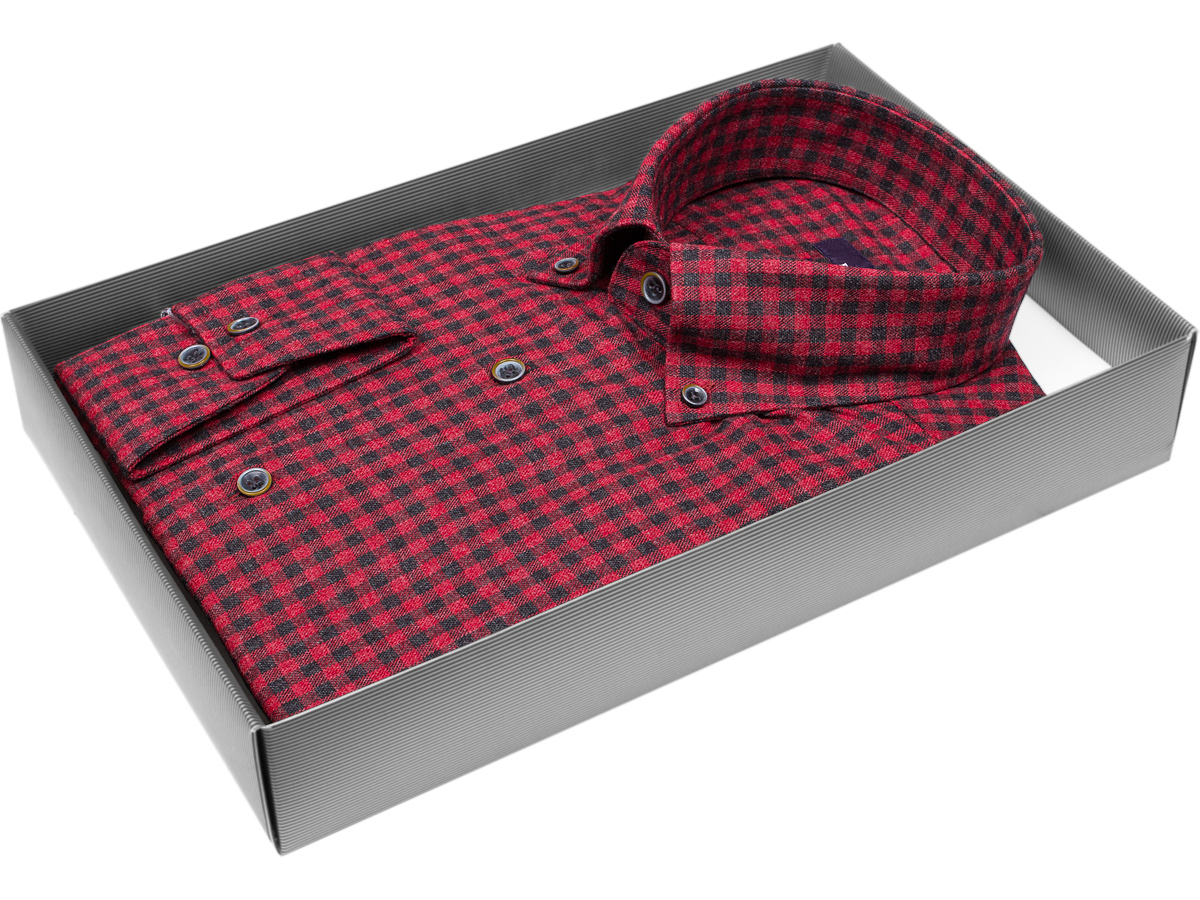 Байковая бордовая приталенная мужская рубашка Poggino 7017-61 в клетку с длинными рукавами купить в Москве недорого