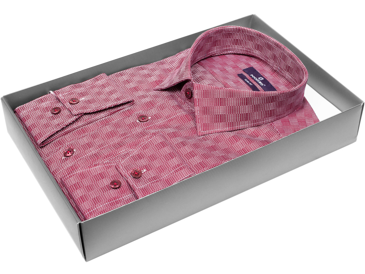 Яркая мужская рубашка Poggino 7015-03 рукав длинный силуэт приталенный стиль классический цвет бордовый в клетку 100% хлопок