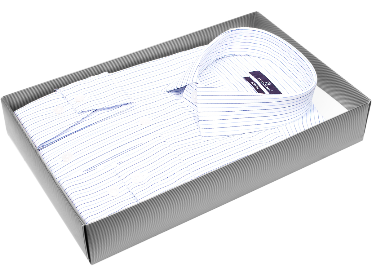 Яркая мужская рубашка Poggino 7017-71 рукав длинный силуэт приталенный стиль классический цвет белый в полоску 100% хлопок