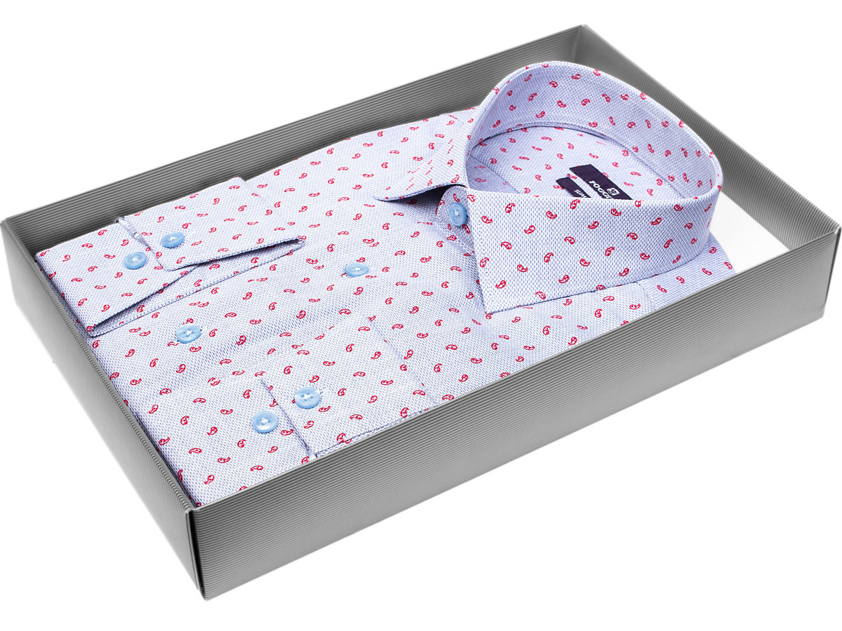 Светло-серая приталенная мужская рубашка Poggino 7017-67 в огурцах с длинным рукавом