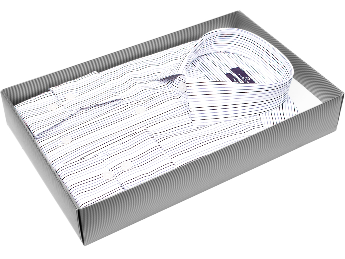 Приталенная мужская рубашка Poggino 7017-62 рукав длинный стиль классический цвет белый в полоску 100% хлопок