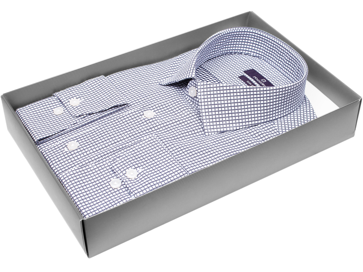 Приталенная мужская рубашка Poggino 7017-12 рукав длинный стиль классический цвет синий в клетку 100% хлопок