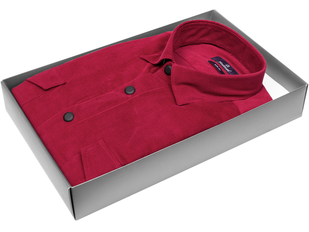 Яркая мужская рубашка Poggino 7017-83 рукав длинный силуэт приталенный стиль casual цвет бордовый однотонный 100% хлопок