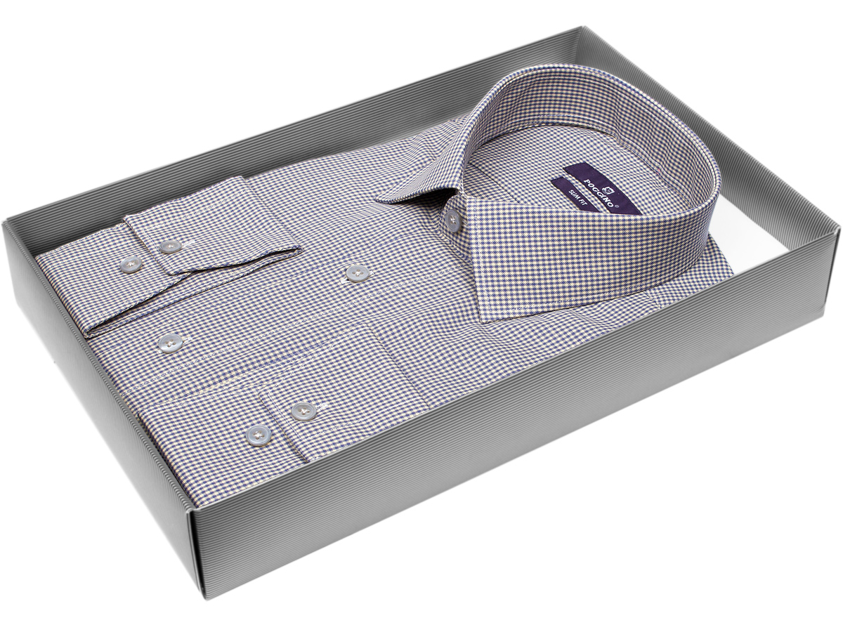 Модная мужская рубашка Poggino 7017-26 силуэт приталенный стиль классический цвет серый в клетку 100% хлопок