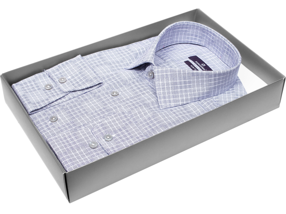 Стильная мужская рубашка Poggino 7017-14 силуэт приталенный стиль классический цвет синий в клетку 100% хлопок