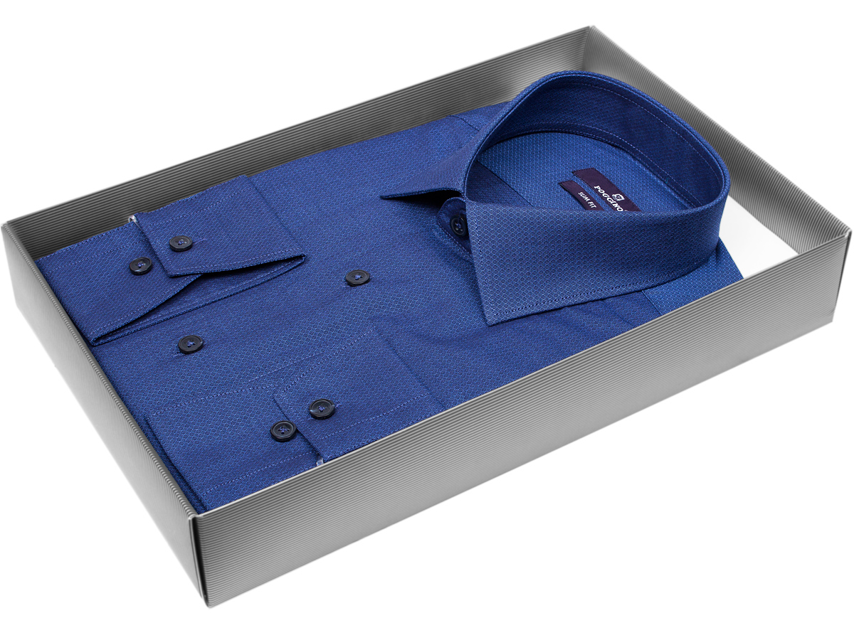 Стильная мужская рубашка Poggino 7017-49 силуэт приталенный стиль классический цвет синий в ромбах 100% хлопок