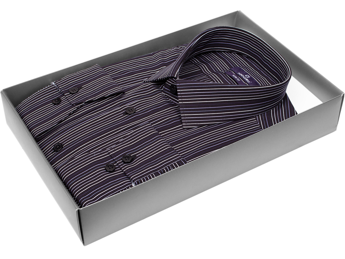 Стильная мужская рубашка Poggino 7017-63 силуэт приталенный стиль классический цвет черный в полоску 100% хлопок