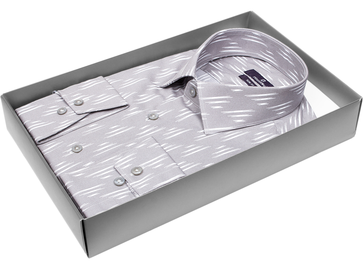 Яркая мужская рубашка Poggino 7017-42 рукав длинный силуэт приталенный стиль casual цвет серый в отрезках 100% хлопок