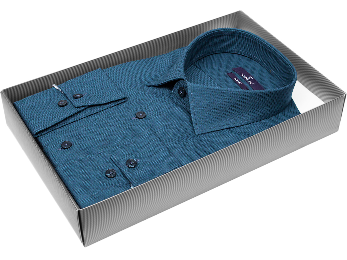 Яркая мужская рубашка Poggino 7017-21 рукав длинный силуэт приталенный стиль классический цвет синий однотонный 100% хлопок