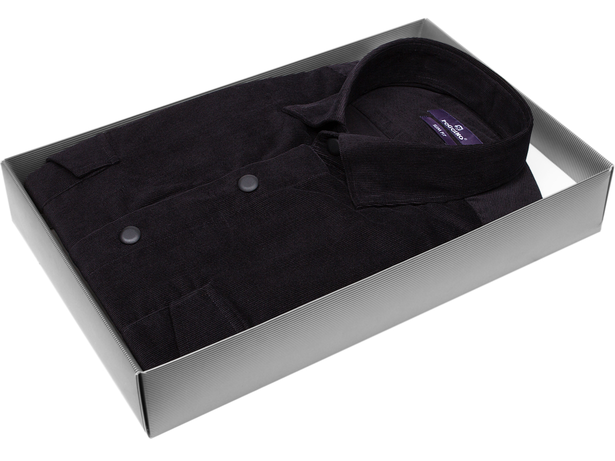 Яркая мужская рубашка Poggino 7017-84 рукав длинный силуэт приталенный стиль casual цвет черный однотонный 100% хлопок