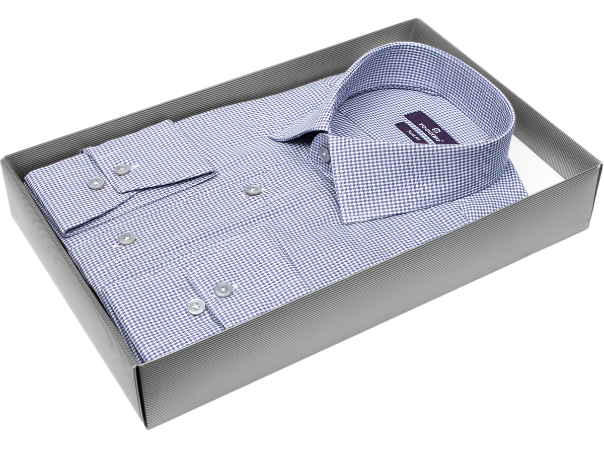 Мужская рубашка модного бренда Poggino 7017-25 рукав длинный силуэт приталенный стиль классический цвет серо-голубой в клетку 100% хлопок