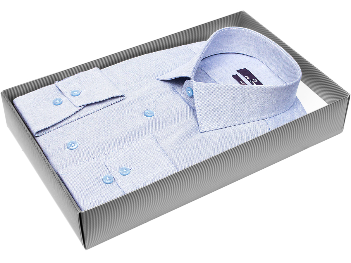 Яркая мужская рубашка Poggino 7017-74 рукав длинный силуэт приталенный стиль классический цвет голубой меланж 100% хлопок