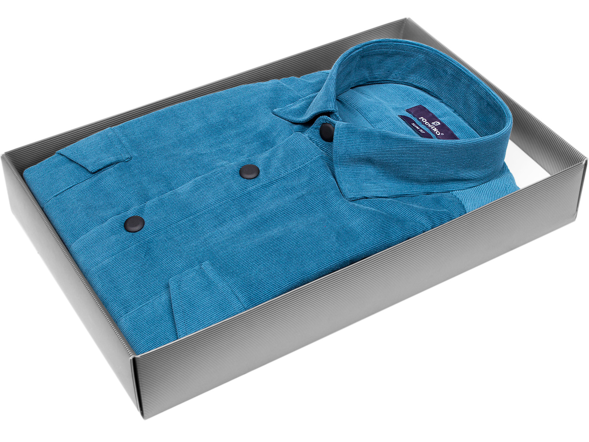 Стильная мужская рубашка Poggino 7017-86 силуэт приталенный стиль casual цвет синий однотонный 100% хлопок