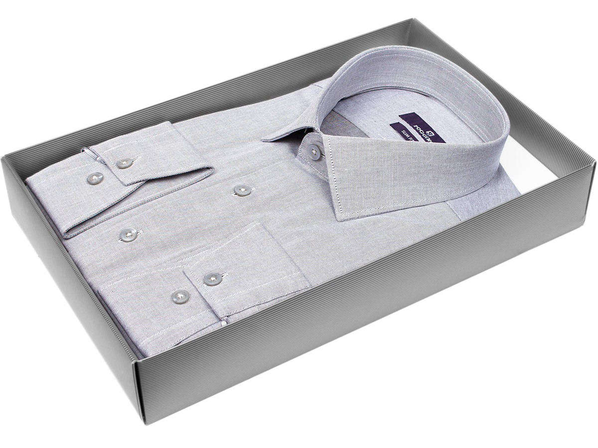 Яркая мужская рубашка Poggino 7017-73 рукав длинный силуэт приталенный стиль классический цвет серый меланж 100% хлопок