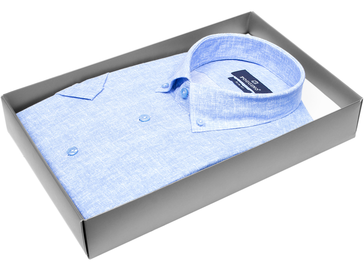 Голубая приталенная мужская рубашка Poggino 7003-65 меланж с коротким рукавом
