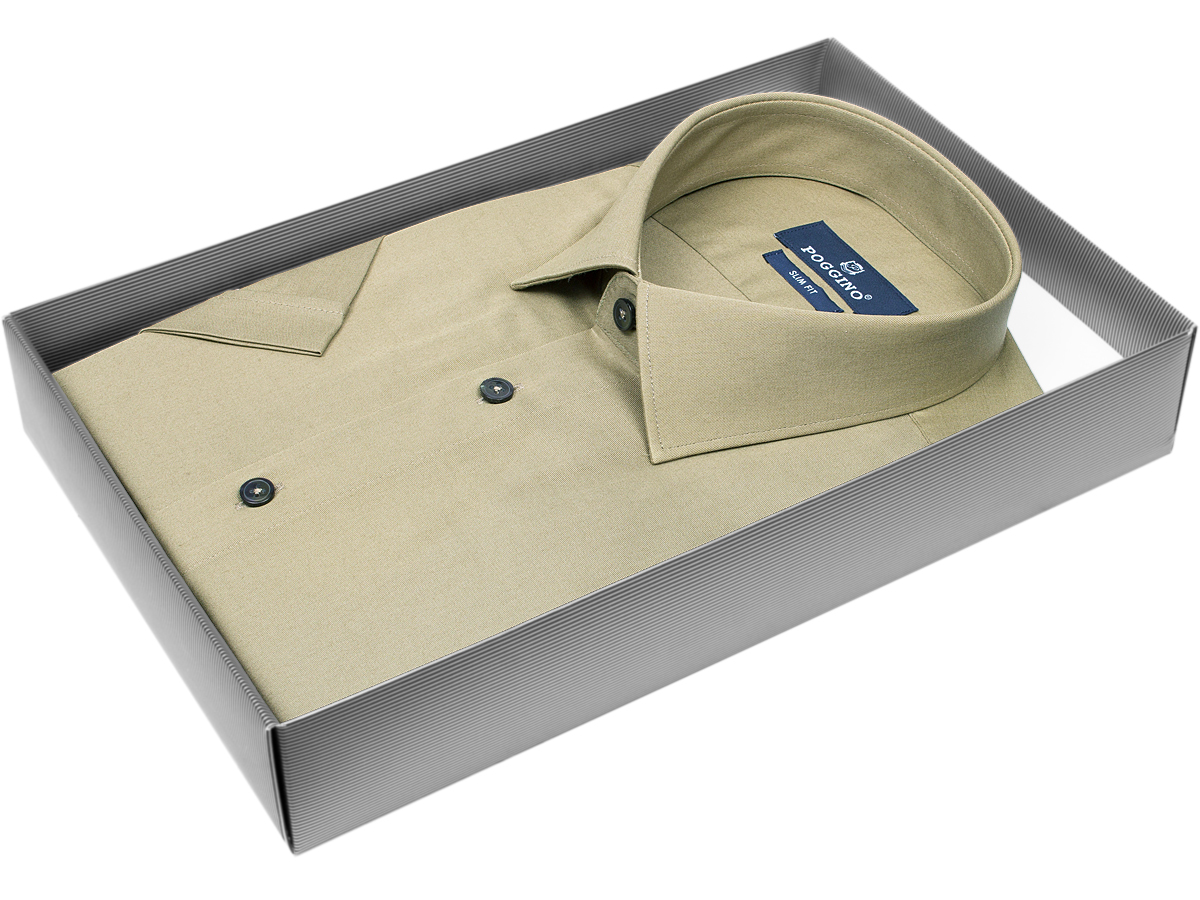 Яркая мужская рубашка Poggino 7003-62 рукав короткий силуэт приталенный стиль классический цвет зеленый однотонный 100% хлопок