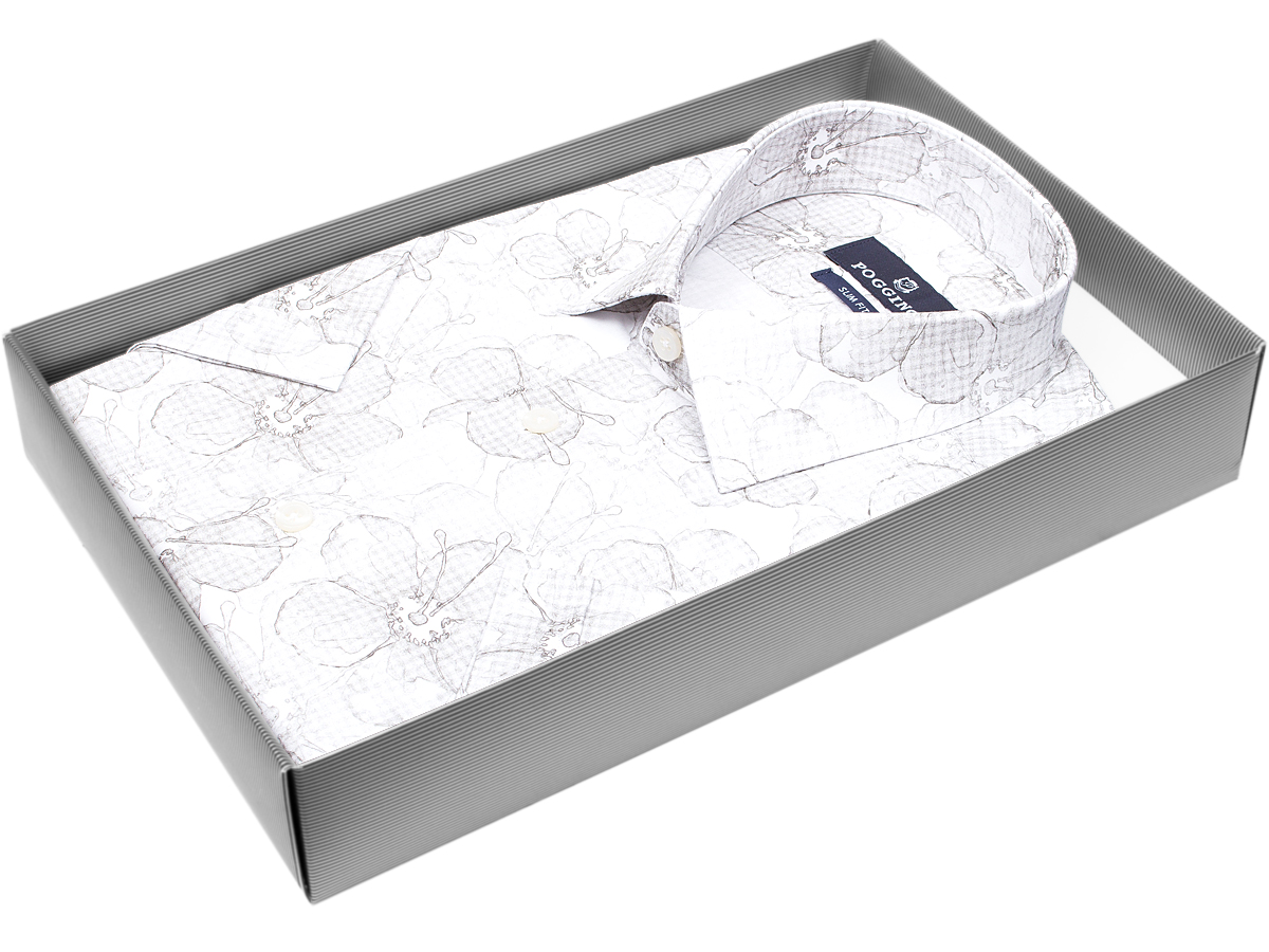 Яркая мужская рубашка Poggino 7004-16 рукав короткий силуэт приталенный стиль casual цвет серый в цветах 100% хлопок
