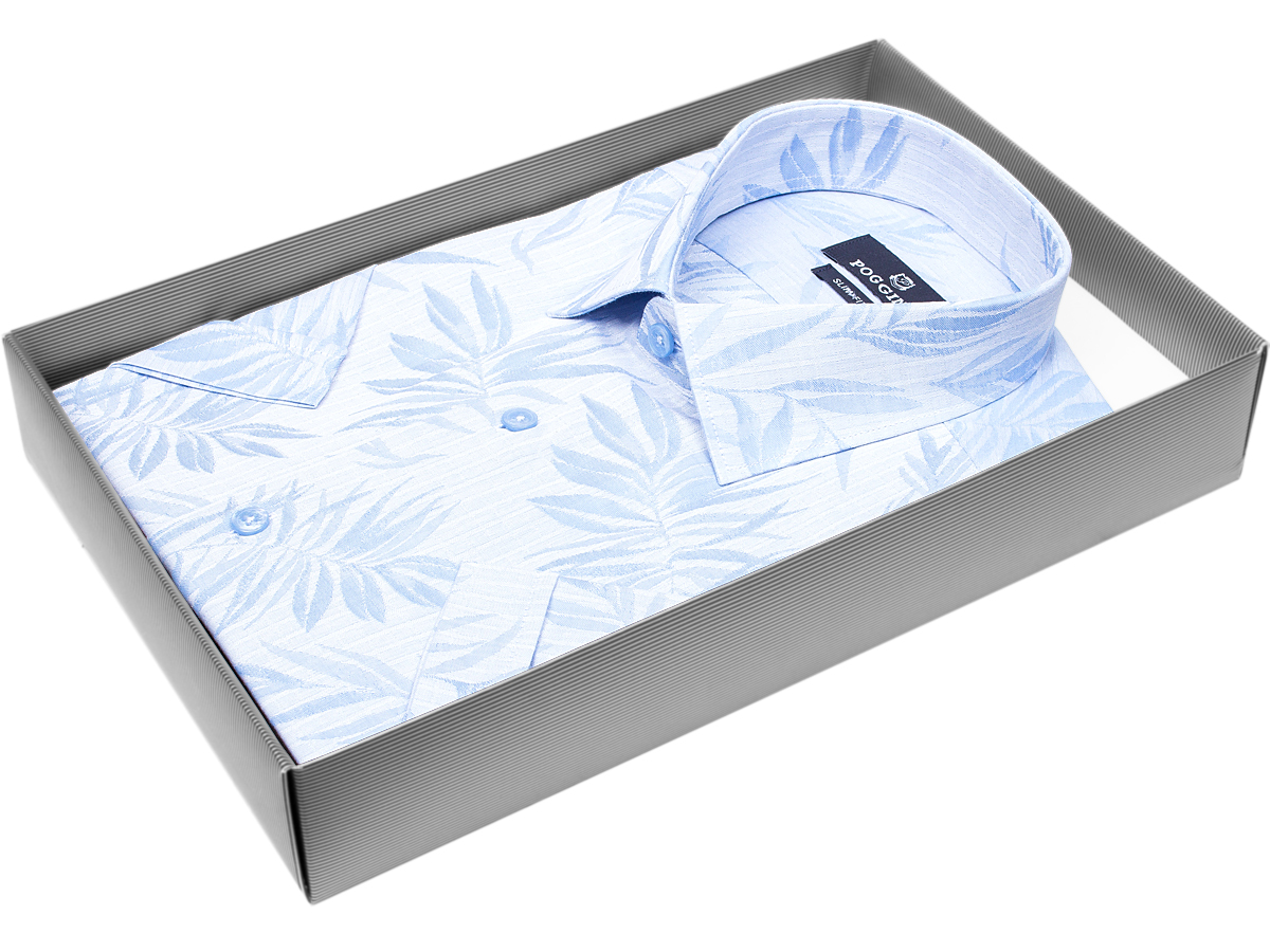 Мужская рубашка модного бренда Poggino 7004-50 рукав короткий силуэт приталенный стиль casual цвет голубой в листьях 100% хлопок