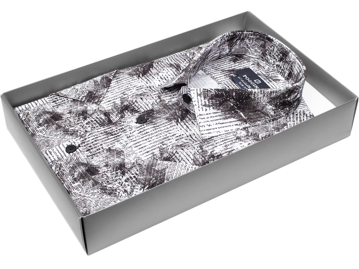 Яркая мужская рубашка Poggino 7004-30 рукав короткий силуэт приталенный стиль casual цвет серый в абстракции 100% хлопок