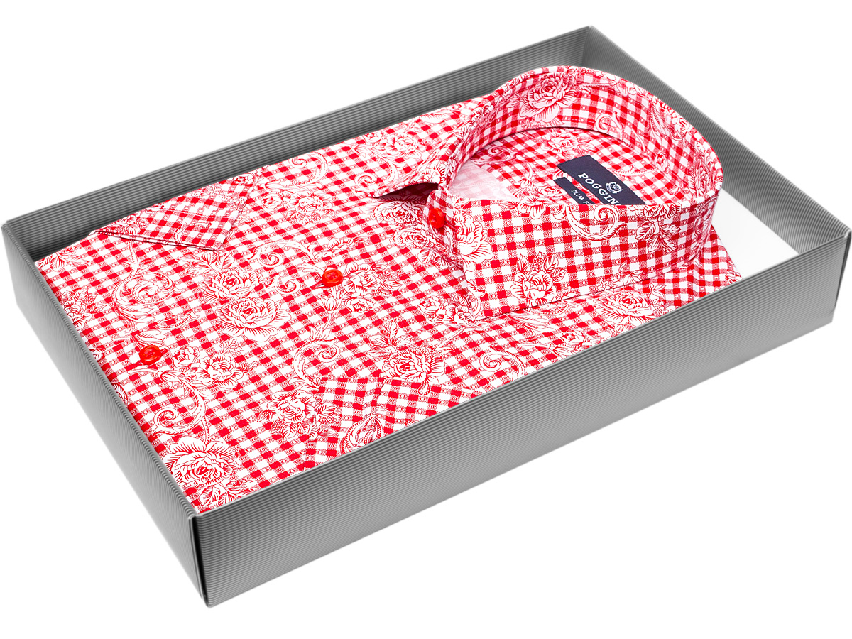 Красная приталенная мужская рубашка Poggino 7002-29 в клетку с коротким рукавом