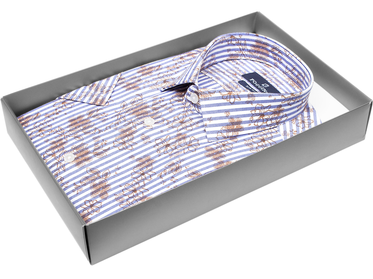 Яркая мужская рубашка Poggino 7003-20 рукав короткий силуэт приталенный стиль классический цвет синий в полоску 100% хлопок