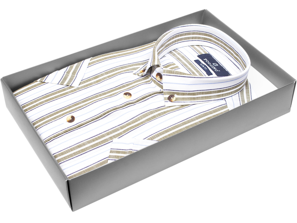 Мужская рубашка модного бренда Poggino 7001-42 рукав короткий силуэт приталенный стиль классический цвет белый в полоску 100% хлопок