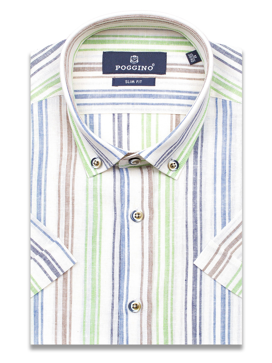 Летняя приталенная мужская рубашка Poggino 7001-33 в полоску с коротким рукавом