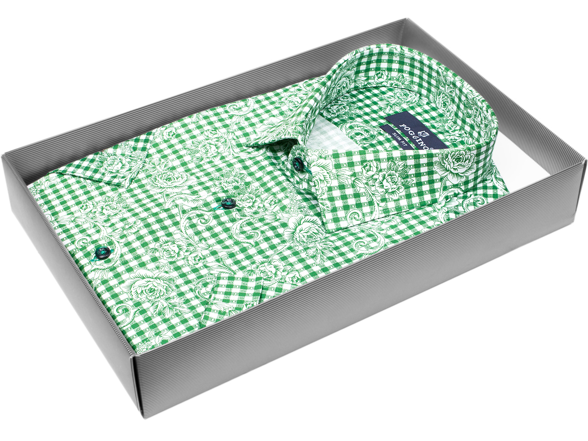 Мужская рубашка модного бренда Poggino 7002-13 рукав короткий силуэт приталенный стиль классический цвет зеленый в клетку 100% хлопок