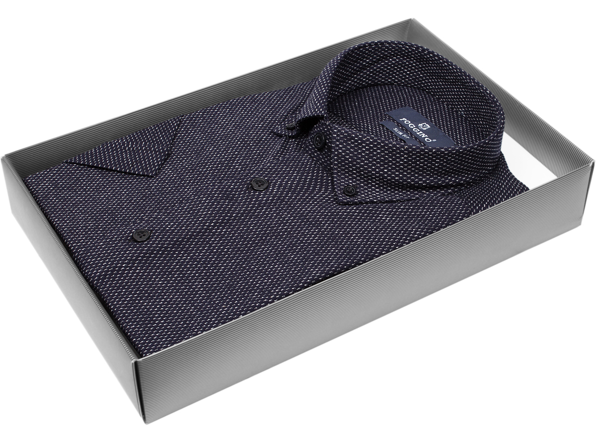Черная приталенная мужская рубашка Poggino 7003-67 в отрезках с коротким рукавом