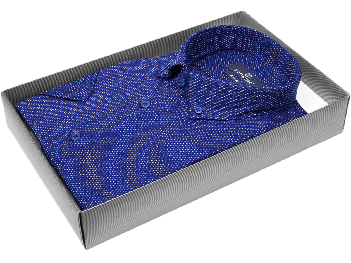 Мужская рубашка модного бренда Poggino 7003-66 рукав короткий силуэт приталенный стиль классический цвет синий в отрезках 100% хлопок