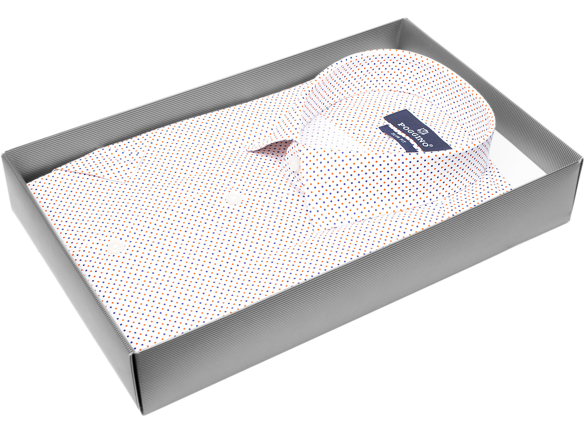 Мужская рубашка модного бренда Poggino 7003-15 рукав короткий силуэт приталенный стиль классический цвет белый в горошек 100% хлопок