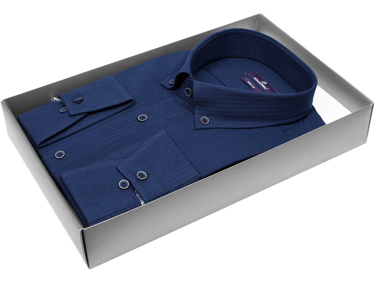 Темно-синяя приталенная мужская рубашка Poggino 7015-103 с длинным рукавом купить в Москве недорого