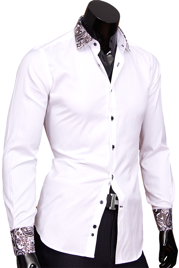 Белая приталенная мужская рубашка с комбинированным воротником